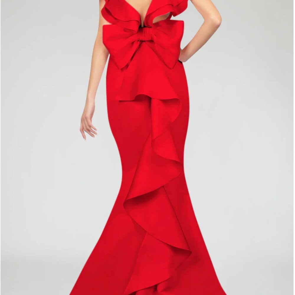 Alexia María Amelie Silk Ruffled Bow-Back Mermaid Gown Size 12 - Picture 6 of 12